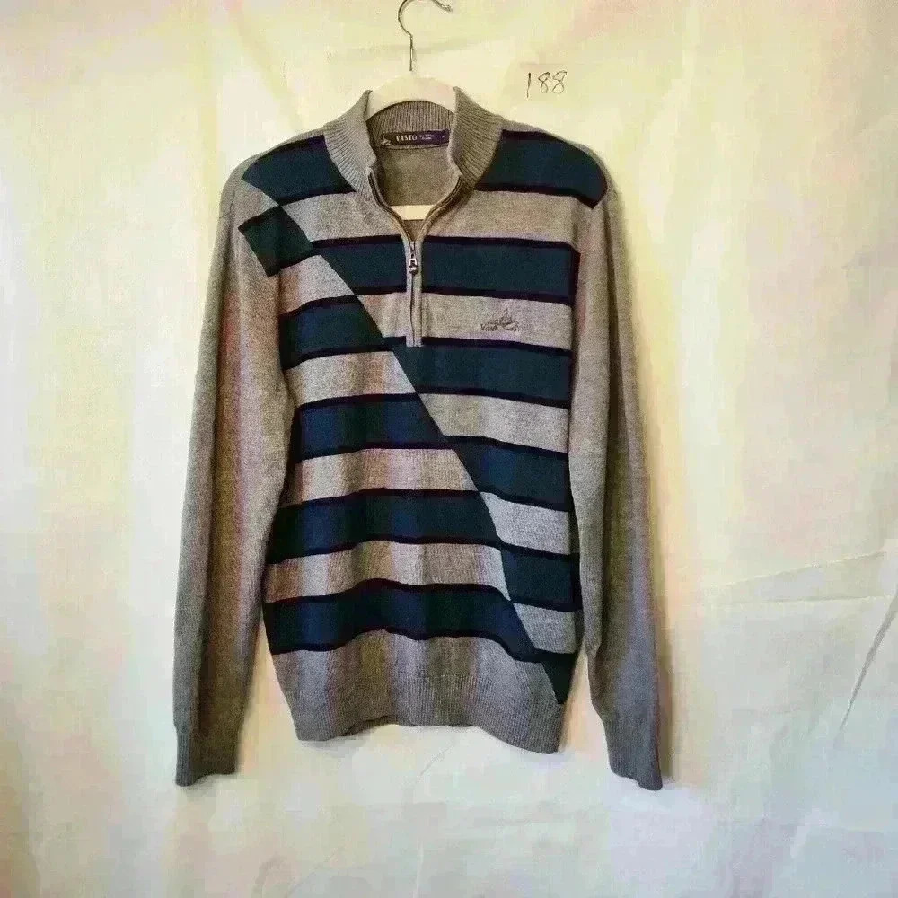 Vintage mens mock neck 1/4 zip sweater size L green and gray Preppy